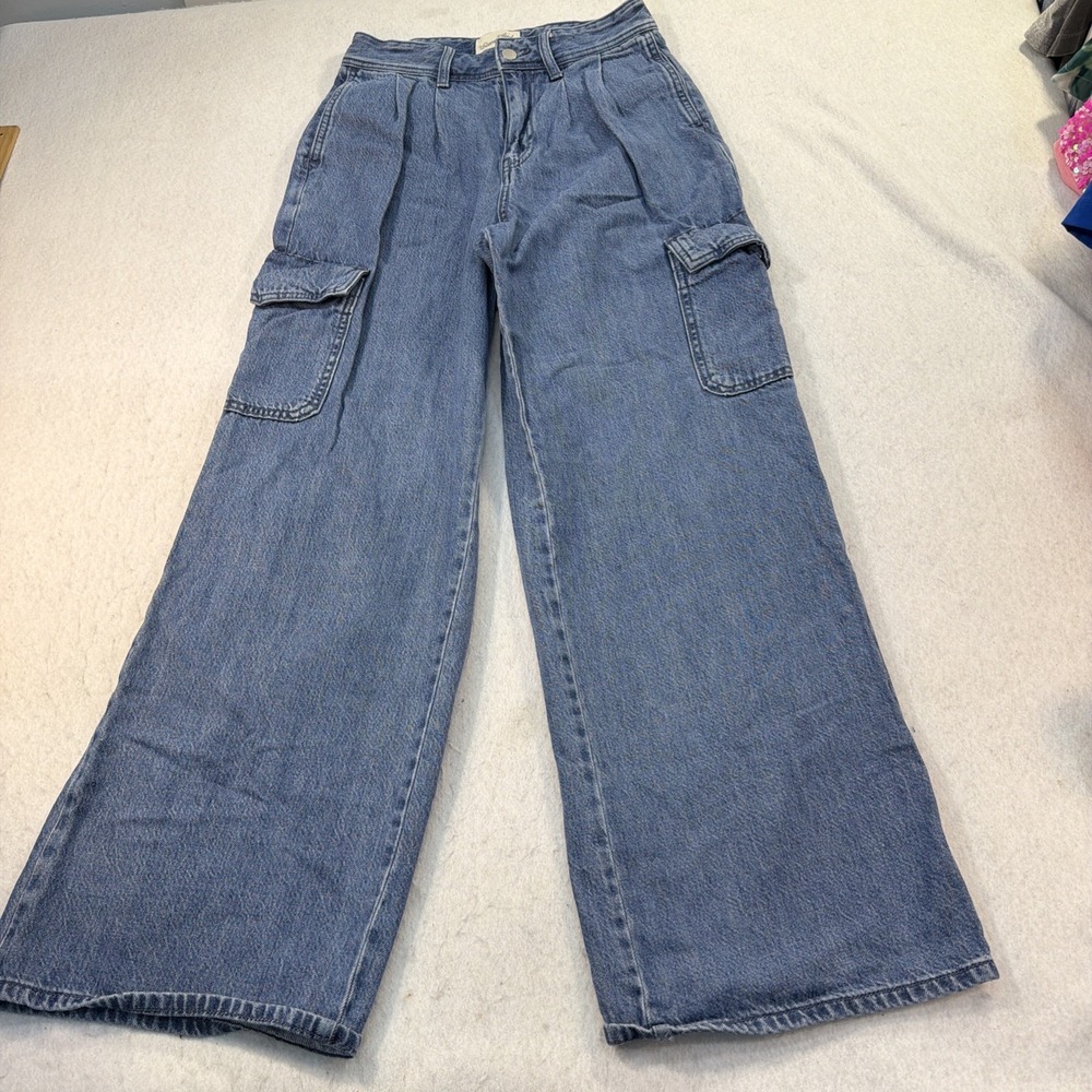 Universal Thread Jeans Womens 4 Blue Cotton Denim Wide-Leg Cargo‎ Baggy Boho Y2K